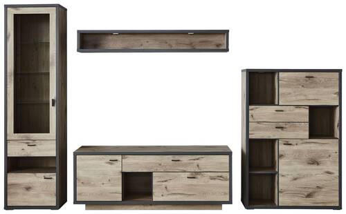 WOHNWAND  327,4/207,9/50 cm  in Eichefarben, Dunkelgrau  - Dunkelgrau/Eichefarben, MODERN, Glas/Holzwerkstoff (327,4/207,9/50cm) - Modante