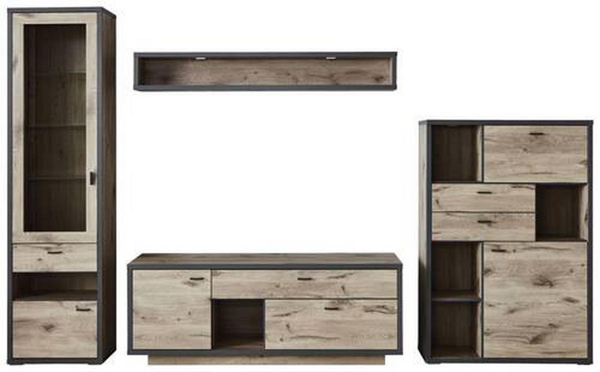 WOHNWAND  in Eichefarben, Dunkelgrau  327,4/207,9/50 cm  - Dunkelgrau/Eichefarben, MODERN, Glas/Holzwerkstoff (327,4/207,9/50cm) - Modante