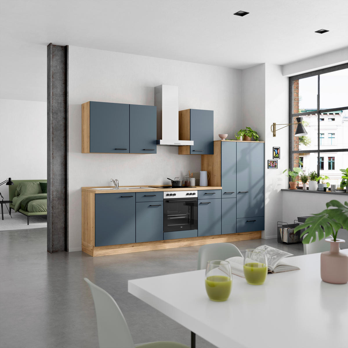 KÜCHENBLOCK Easytouch 300 cm  in Blau, Eichefarben  - Blau/Eichefarben, MODERN, Holzwerkstoff/Metall (300cm) - Nobilia