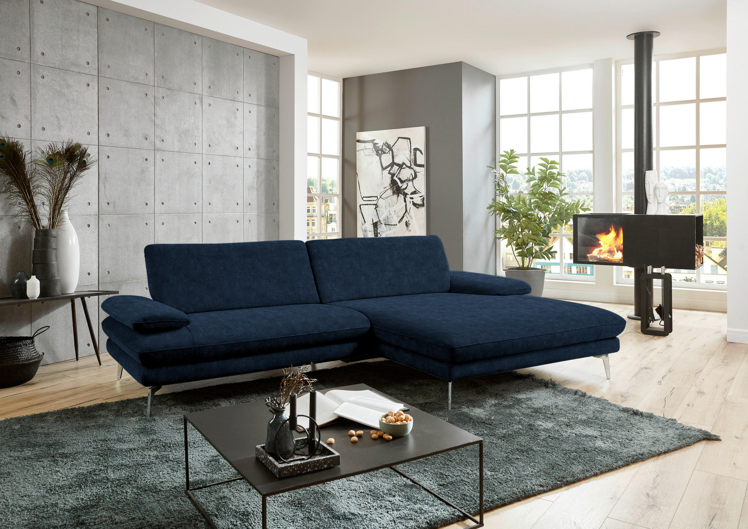 ECKSOFA in Velours Dunkelblau  - Schwarz/Dunkelblau, Design, Textil/Metall (284/184cm) - Dieter Knoll