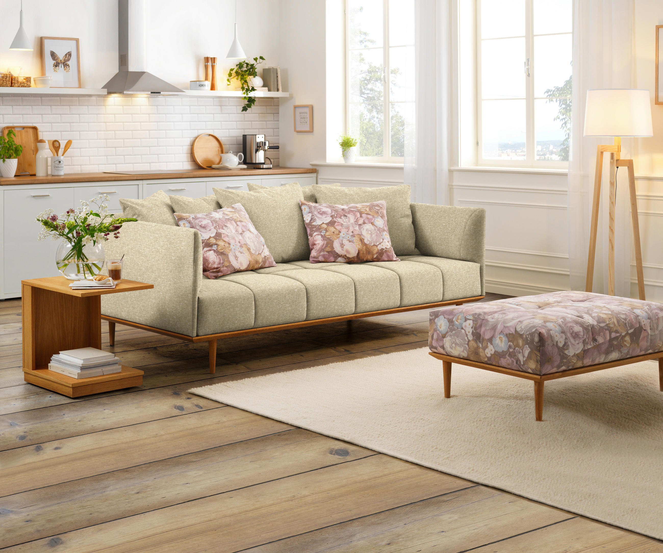 BIGSOFA in Flachgewebe Hellbraun  - Hellbraun, Modern, Holz/Textil (220/77/120cm) - Joka