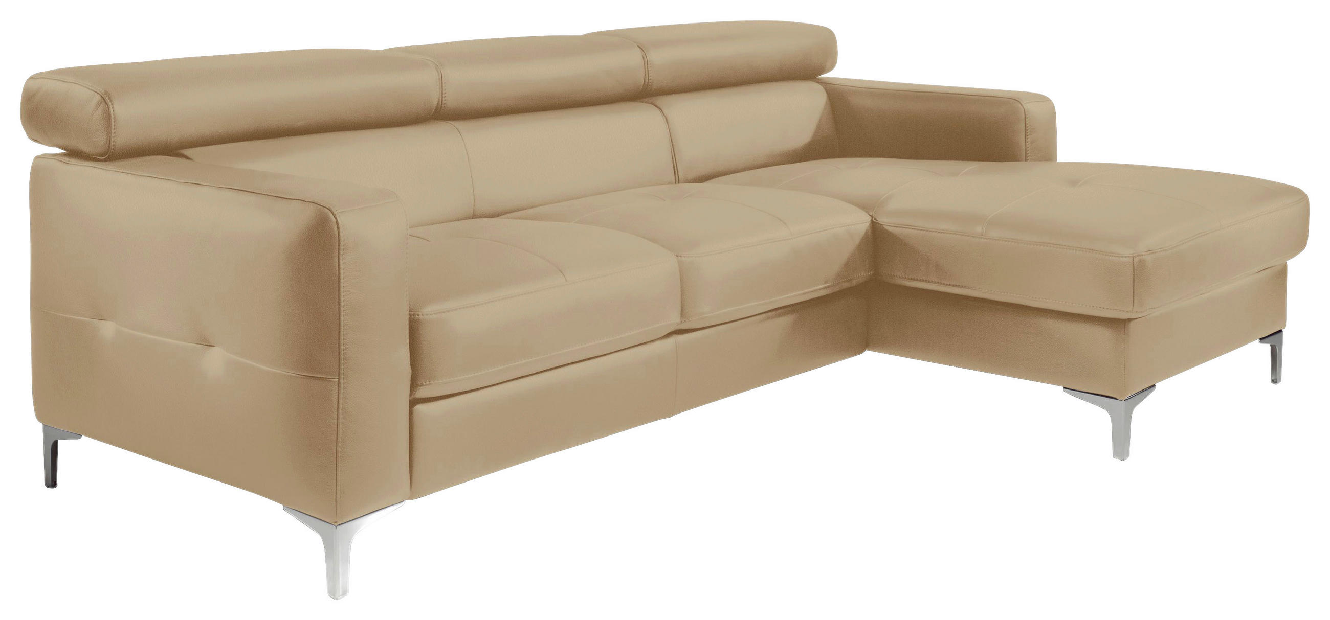 ECKSOFA Cappuccino Echtleder Kopfteilverstellung, Kopfstütze  - Chromfarben/Cappuccino, Design, Leder/Metall (226/169cm) - Livetastic
