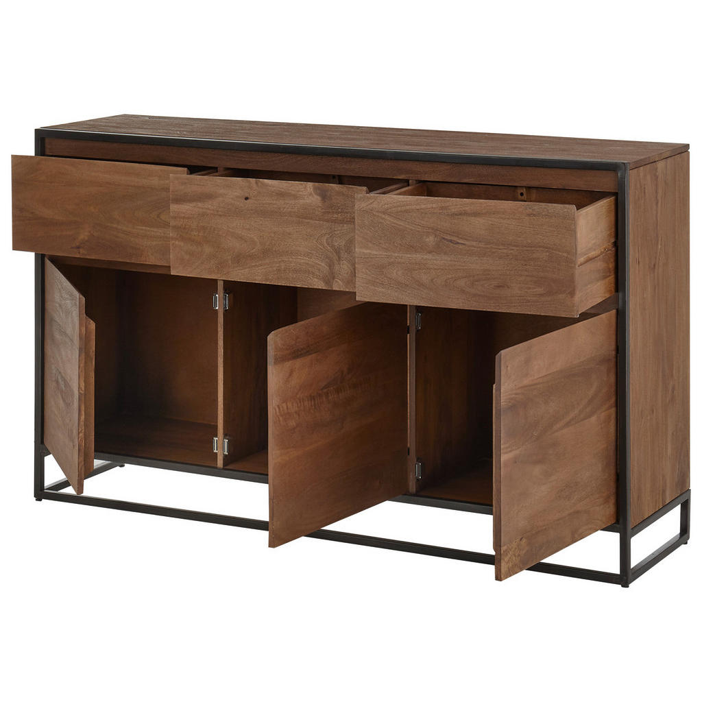 Thumbnail - Mid.you Sideboard, Schwarz, Walnuss, Holz, Metall, Akazie, massiv, 3 Schubladen, 160x93x40 cm, Holzmöbel, Kleinmöbel Hol...