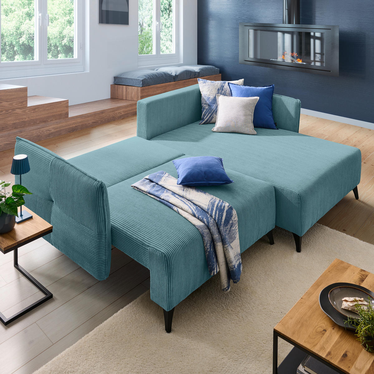 ECKSOFA Türkis Cord  - Türkis/Schwarz, Design, Textil/Metall (254/175cm) - Stylife