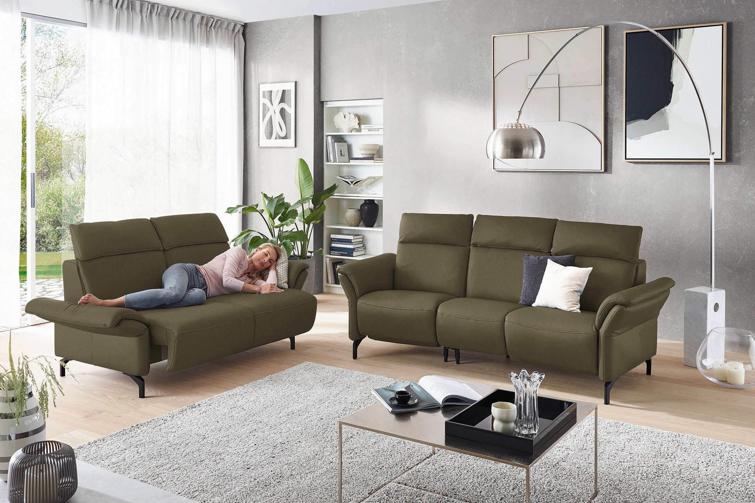 2-SITZER-SOFA in Echtleder Olivgrün  - Schwarz/Olivgrün, Konventionell, Leder/Metall (178/103/92cm) - Dieter Knoll