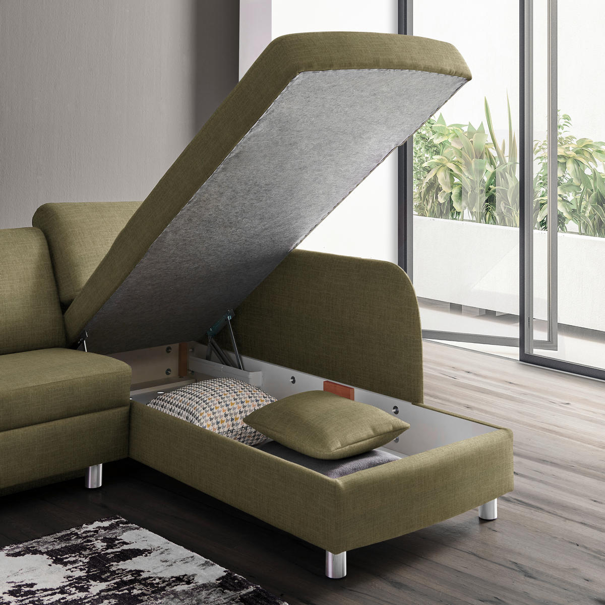 ECKSOFA in Chenille Olivgrün  227/208 cm  - Alufarben/Olivgrün, KONVENTIONELL, Textil/Metall (227/208cm) - Sedda