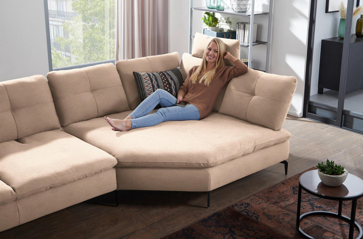ECKSOFA in Flachgewebe Hellbraun  344/157 cm  - Hellbraun/Schwarz, Design, Textil/Metall (344/157cm) - Chilliano