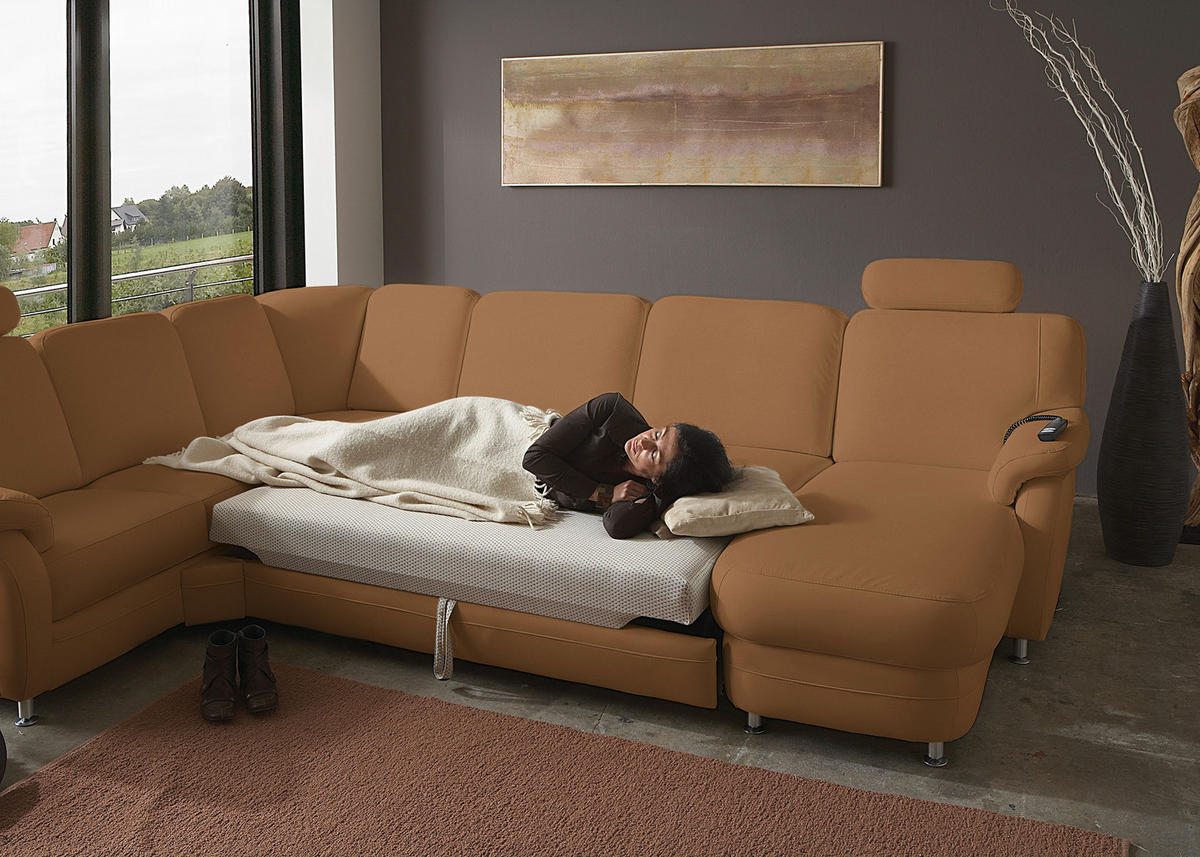 WOHNLANDSCHAFT Echtleder Hellbraun  - Hellbraun/Alufarben, Konventionell, Leder/Metall (239/329/165cm) - Beldomo Premium