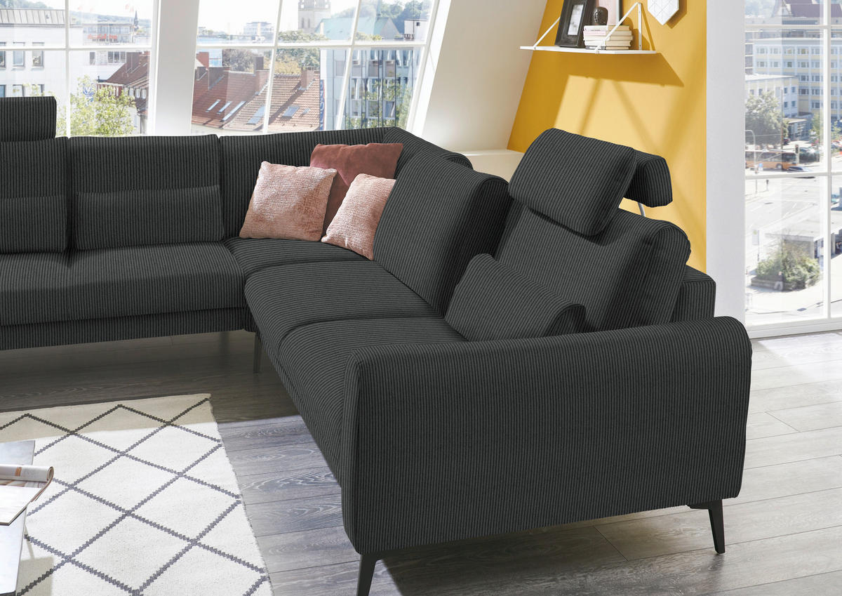 ECKSOFA in Velours, Feincord Anthrazit  - Anthrazit/Schwarz, Design, Textil/Metall (254/280cm) - Beldomo Style