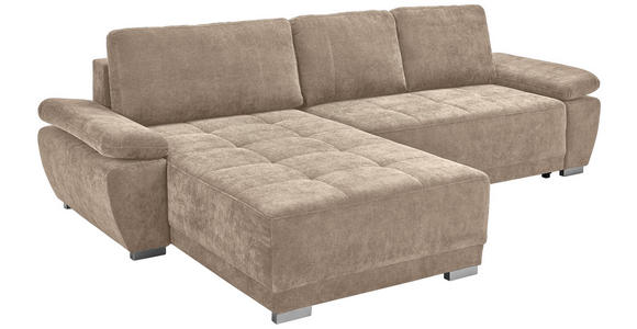 ECKSOFA Graubraun Chenille Rückenkissen, Bettkasten, Schlaffunktion, Rücken echt, Armteilverstellung, Liegefläche im Originalstoff  - Graubraun/Silberfarben, KONVENTIONELL, Holz/Textil (187/293cm) - Carryhome