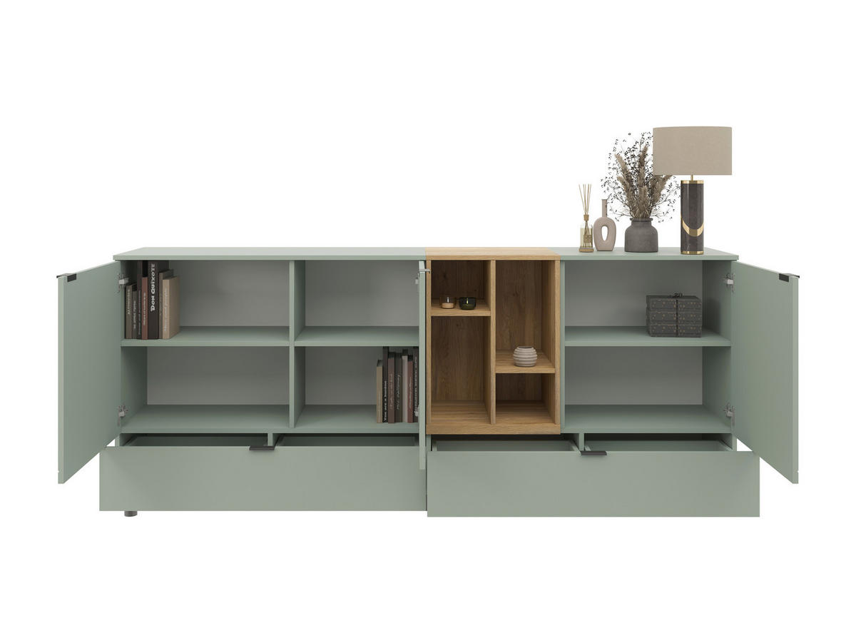 SIDEBOARD Eichefarben, Salbeigrün  210,4/89,4/42 cm  - Eichefarben/Salbeigrün, Modern, Holzwerkstoff/Metall (210,4/89,4/42cm) - Carryhome