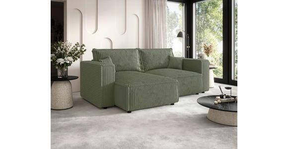 ECKSOFA Olivgrün Cord Zierkissen, Rückenkissen, Schlaffunktion, Rücken echt  - Schwarz/Olivgrün, MODERN, Kunststoff/Textil (153/250cm) - Xora