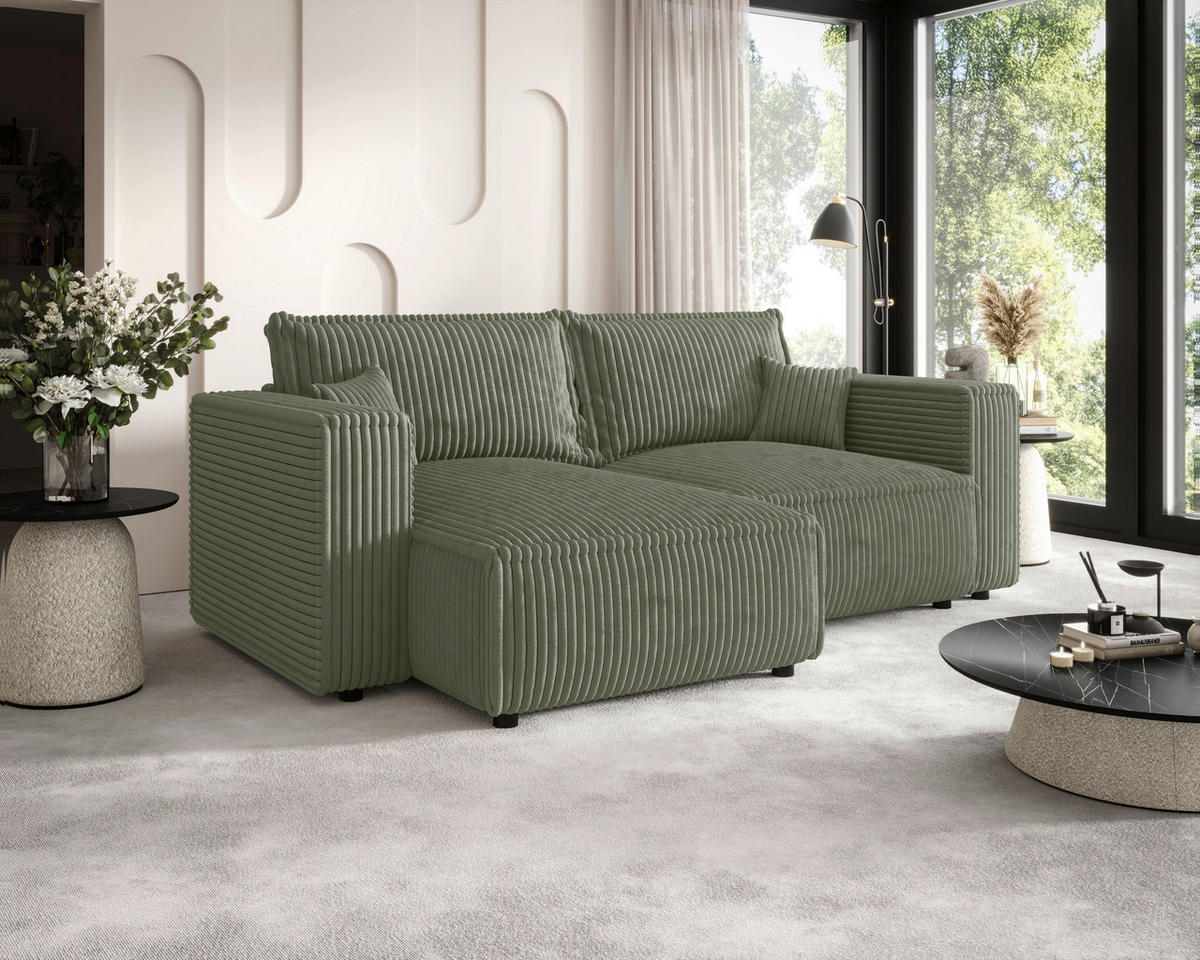 ECKSOFA Olivgrün Cord Zierkissen, Rückenkissen, Schlaffunktion, Rücken echt  - Schwarz/Olivgrün, MODERN, Kunststoff/Textil (153/250cm) - Xora