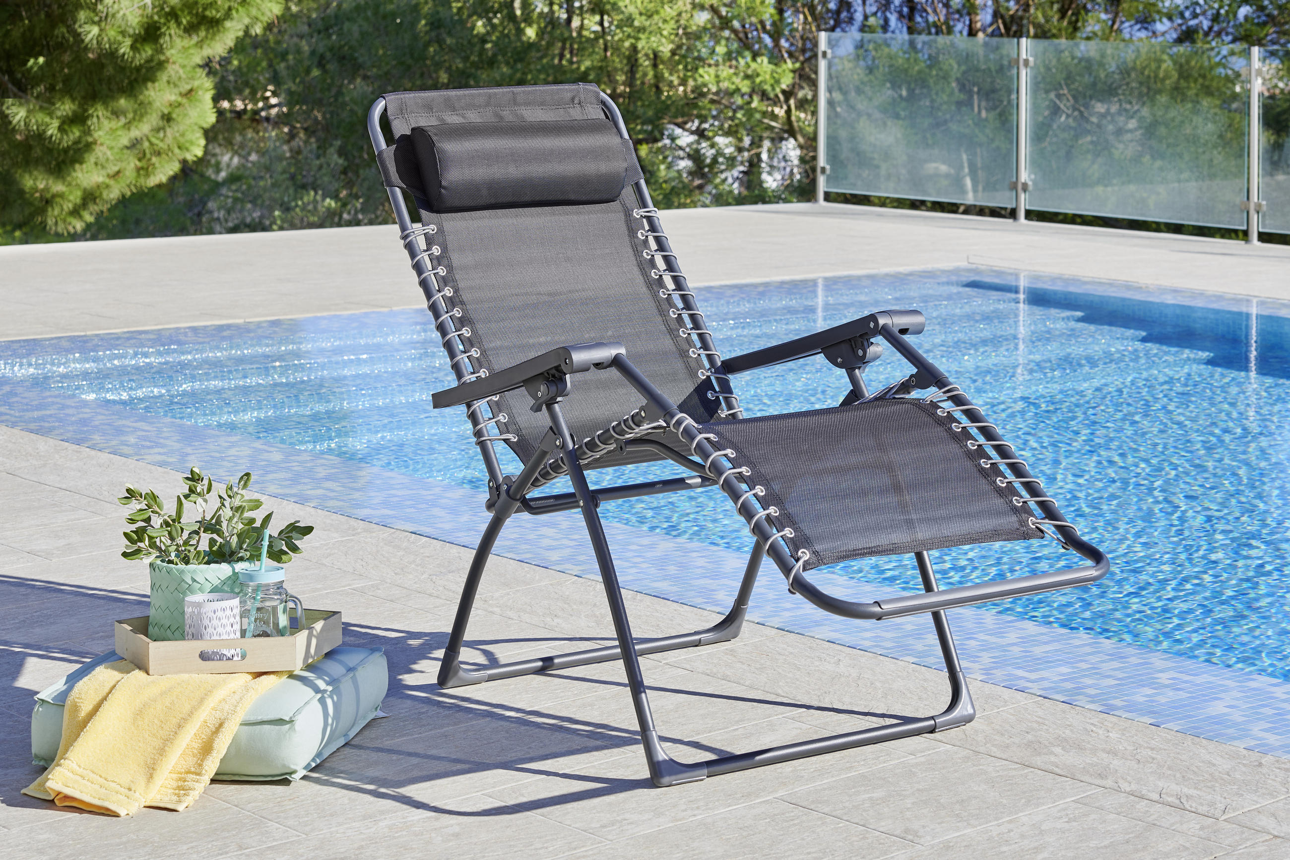 ZÁHRADNÉ RELAXAČNÉ KRESLO, kov, plast, textil - sivá/tmavosivá, Basics, kov/textil (67/112,7/94cm) - Ambia Garden