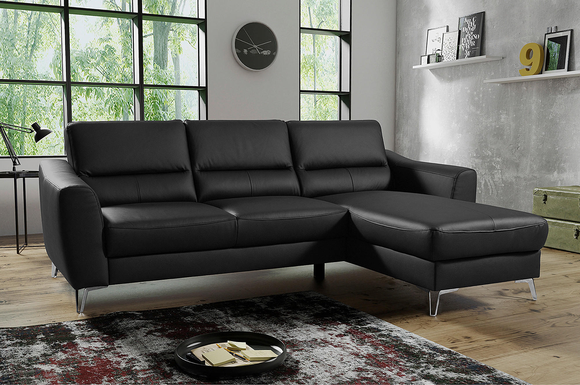 ECKSOFA in Lederlook Echtleder Schwarz  - Chromfarben/Schwarz, Design, Leder/Textil (241/168cm) - Livetastic