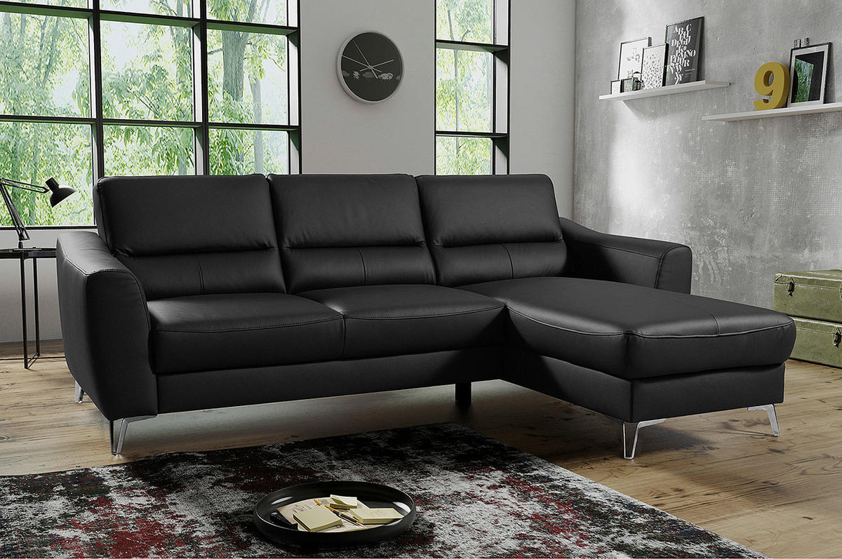 ECKSOFA in Lederlook Echtleder Schwarz  - Chromfarben/Schwarz, Design, Leder/Textil (241/168cm) - Livetastic