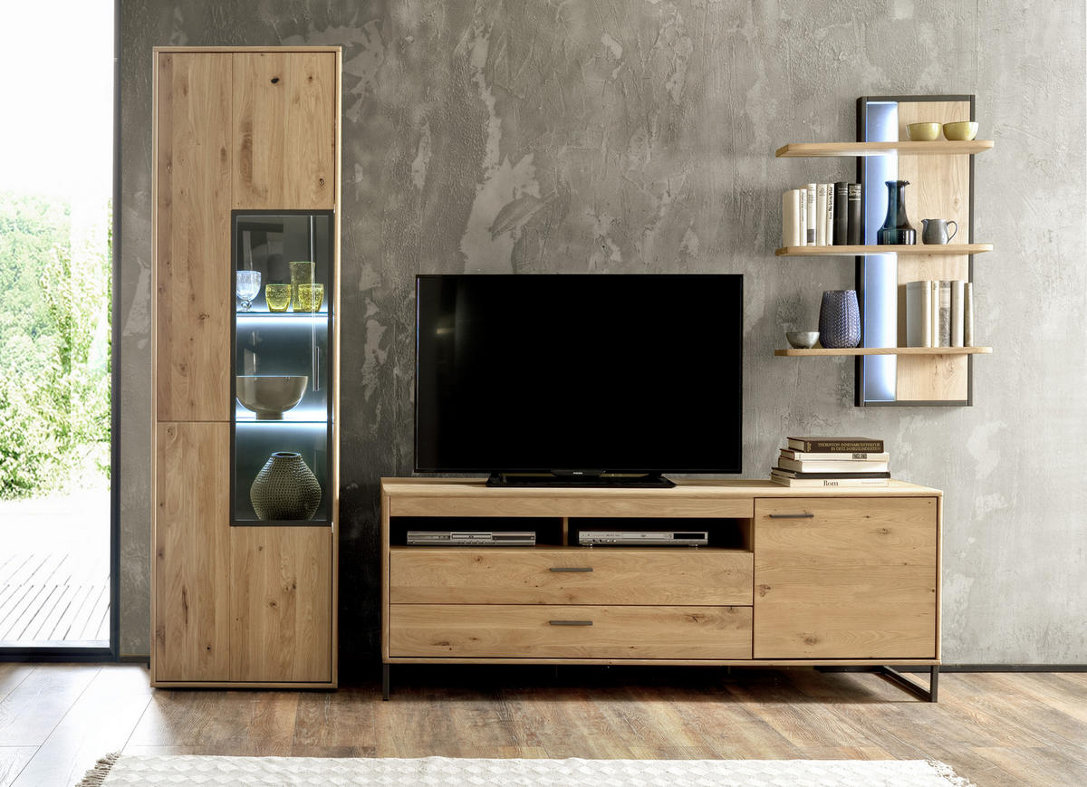 WOHNWAND  in Eichefarben  298/207/50 cm  - Eichefarben/Schwarz, Design, Glas/Holz (298/207/50cm) - Livetastic