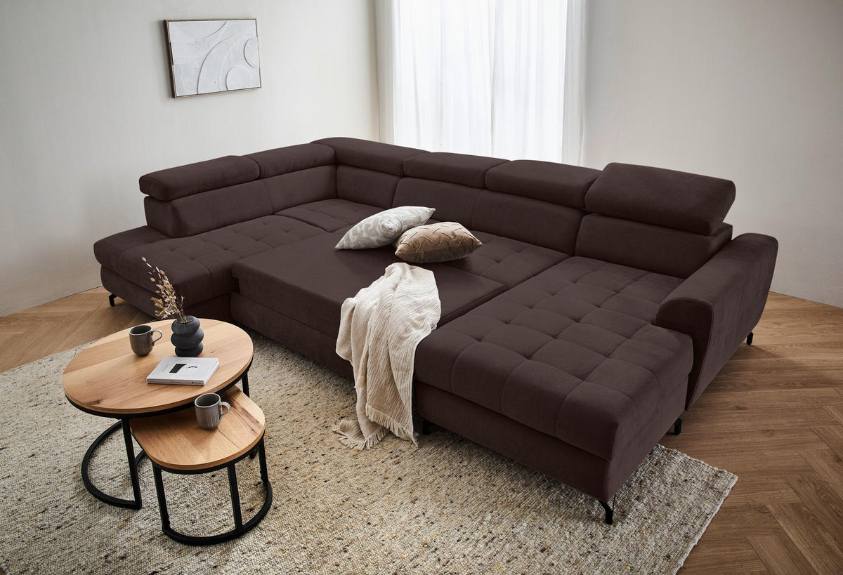 WOHNLANDSCHAFT Dunkelbraun Struktur  - Dunkelbraun/Schwarz, Design, Textil/Metall (203/327/177cm) - Stylife