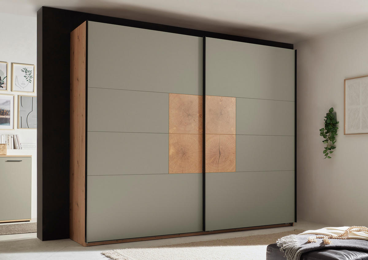 SCHWEBETÜRENSCHRANK  in Salbeigrün, Eiche Artisan  - Salbeigrün/Schwarz, KONVENTIONELL, Holzwerkstoff/Metall (270/225,5/63,7cm) - Xora
