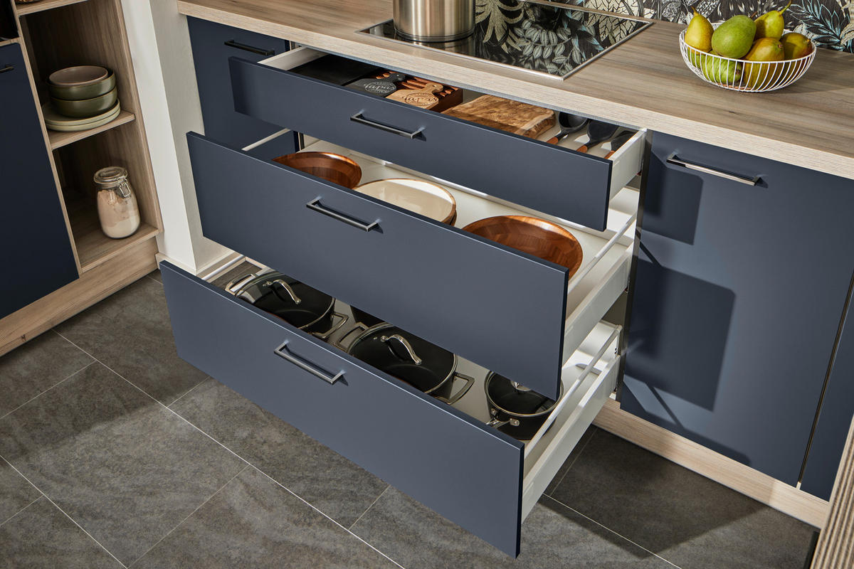 ECKKÜCHE  in Blau, Tannenholzfarben  - Blau/Tannenholzfarben, Design, Holzwerkstoff/Metall (150/280/121,6cm) - Xora