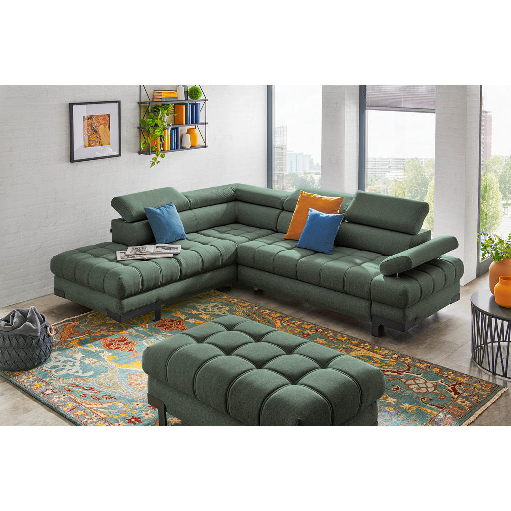 Thumbnail - Welnova Ecksofa, Dunkelgrün, Textil, Uni, 5-Sitzer, Ottomane links, L-Form, 263x223 cm, Typenauswahl, Bettkasten erhältl...
