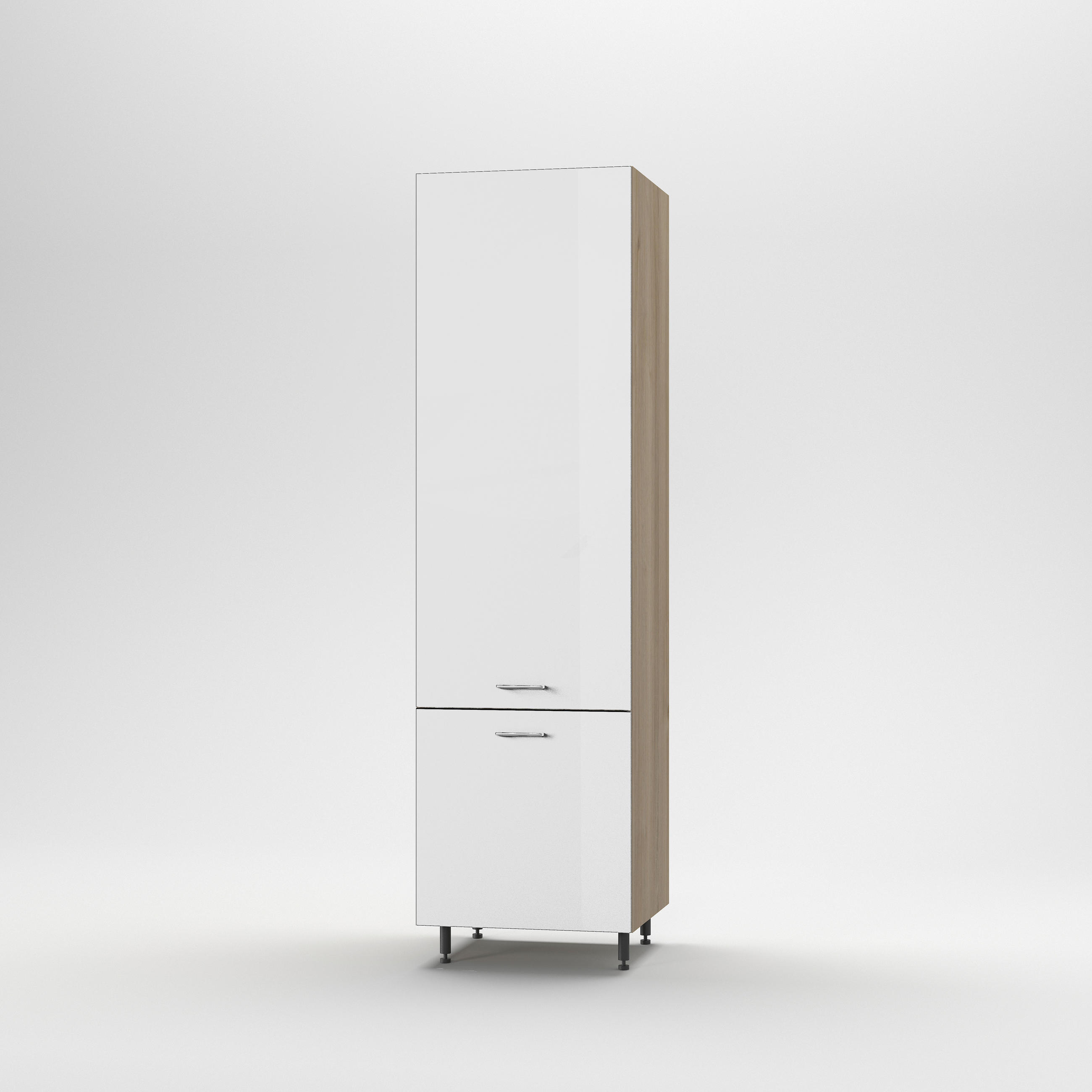 Szekrény beépíthető hűtőhöz - tölgyfa színű/magasfényű fehér, Basics, fa/fém (60/215/56cm) - Carryhome