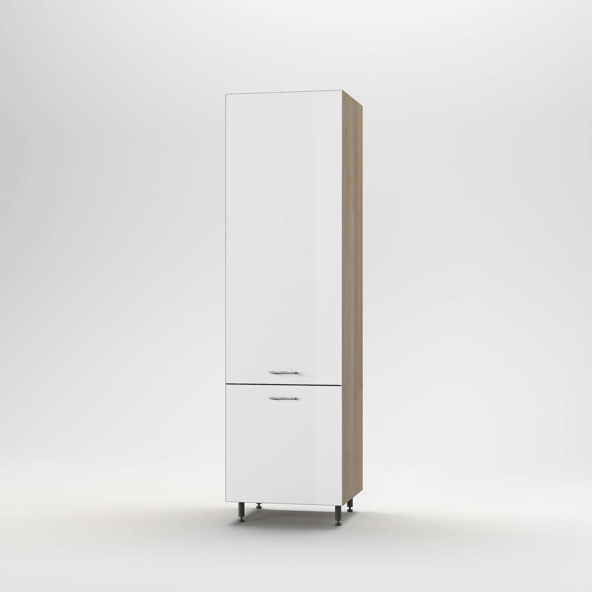 Szekrény beépíthető hűtőhöz - tölgyfa színű/magasfényű fehér, Basics, fa/fém (60/215/56cm) - Carryhome