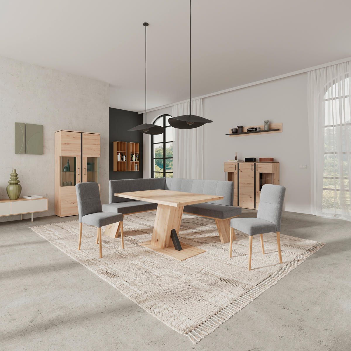 ECKBANK 150/185 cm Webstoff Hellgrau   - Eichefarben/Hellgrau, KONVENTIONELL, Textil (150/185cm)