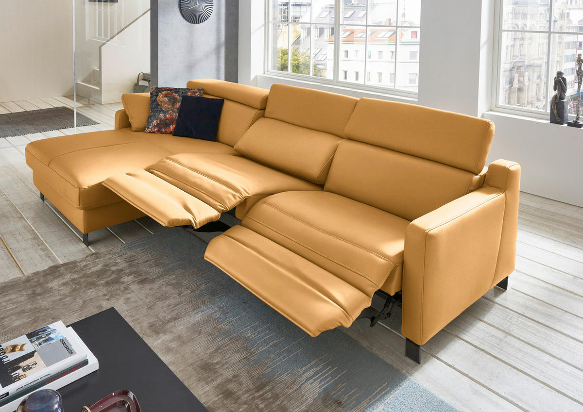 ECKSOFA in Echtleder Currygelb  - Currygelb/Schwarz, Design, Leder/Metall (176/291cm) - Valdera