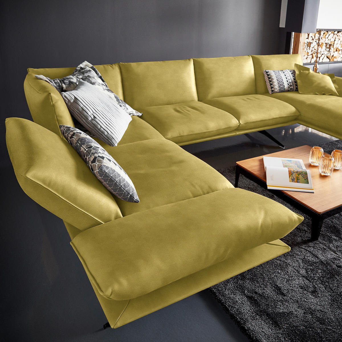 WOHNLANDSCHAFT in Echtleder Hellgrün  - Schwarz/Hellgrün, Natur, Leder/Metall (217/359/155cm) - Dieter Knoll