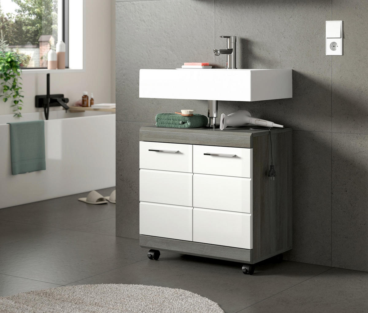 TVÄTTSTÄLLSUNDERSKÅP 60/60/34 cm  - silver/vit högglans, Trend, trämaterial/plast (60/60/34cm) - MID.YOU