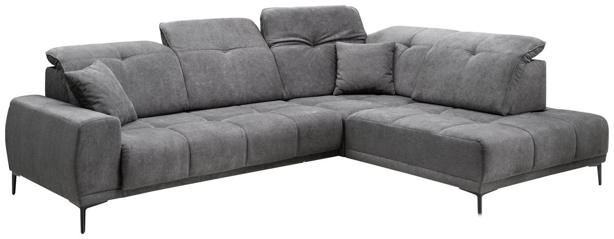 ECKSOFA NESTO Dunkelgrau Chenille Zierkissen, Kopfteilverstellung, Sitzvorzug  - Dunkelgrau/Schwarz, Basics, Textil/Metall (305/232cm) - Livetastic
