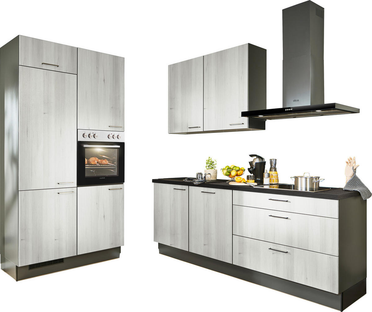 ECKKÜCHE 120/220 cm  in Graphitfarben, Schwarz, Hellgrau  - Tannenholzfarben/Hellgrau, Design, Holzwerkstoff/Metall (120/220cm) - Xora