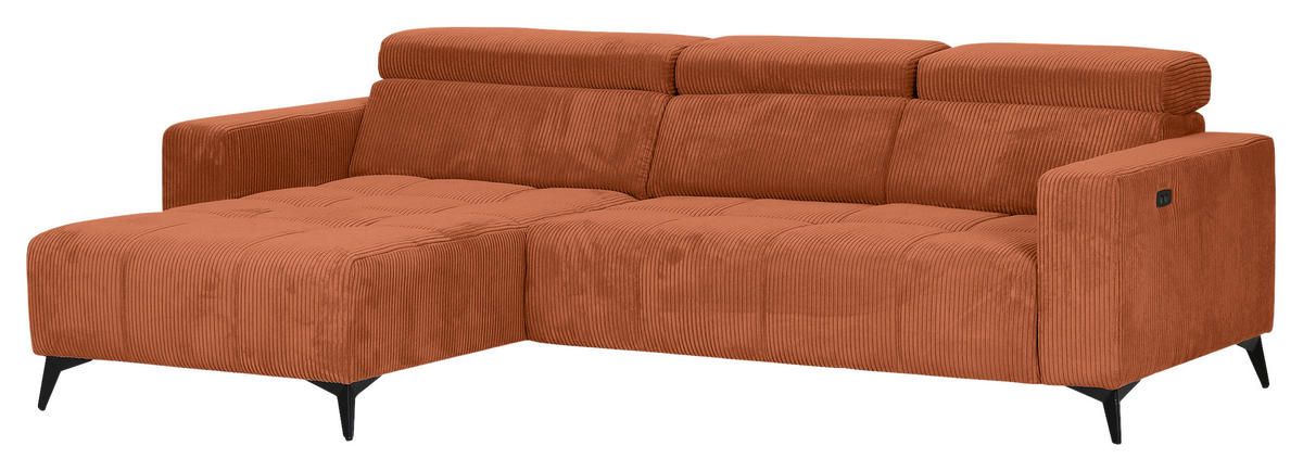 ECKSOFA Rostfarben Cord Rücken echt, Kopfteilverstellung, Sitzvorzug  - Rostfarben/Schwarz, KONVENTIONELL, Textil/Metall (170/257cm) - Carryhome