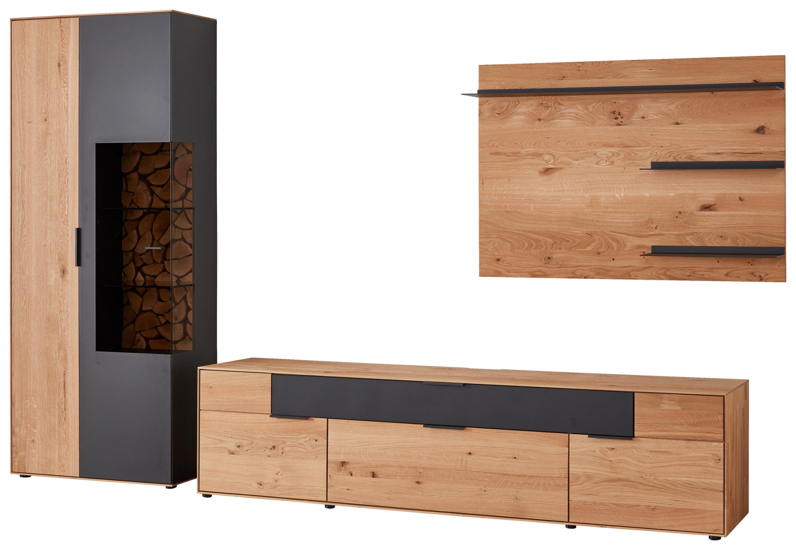 WOHNWAND  in Schwarz, Eichefarben  293/195,9/45,2 cm  - Eichefarben/Erlefarben, Design, Glas/Holz (293/195,9/45,2cm) - Valdera
