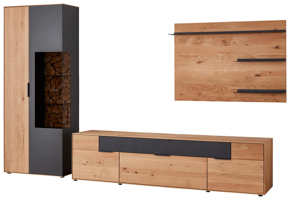 WOHNWAND  in Schwarz, Eichefarben  293/195,9/45,2 cm  - Eichefarben/Erlefarben, Design, Glas/Holz (293/195,9/45,2cm) - Valdera