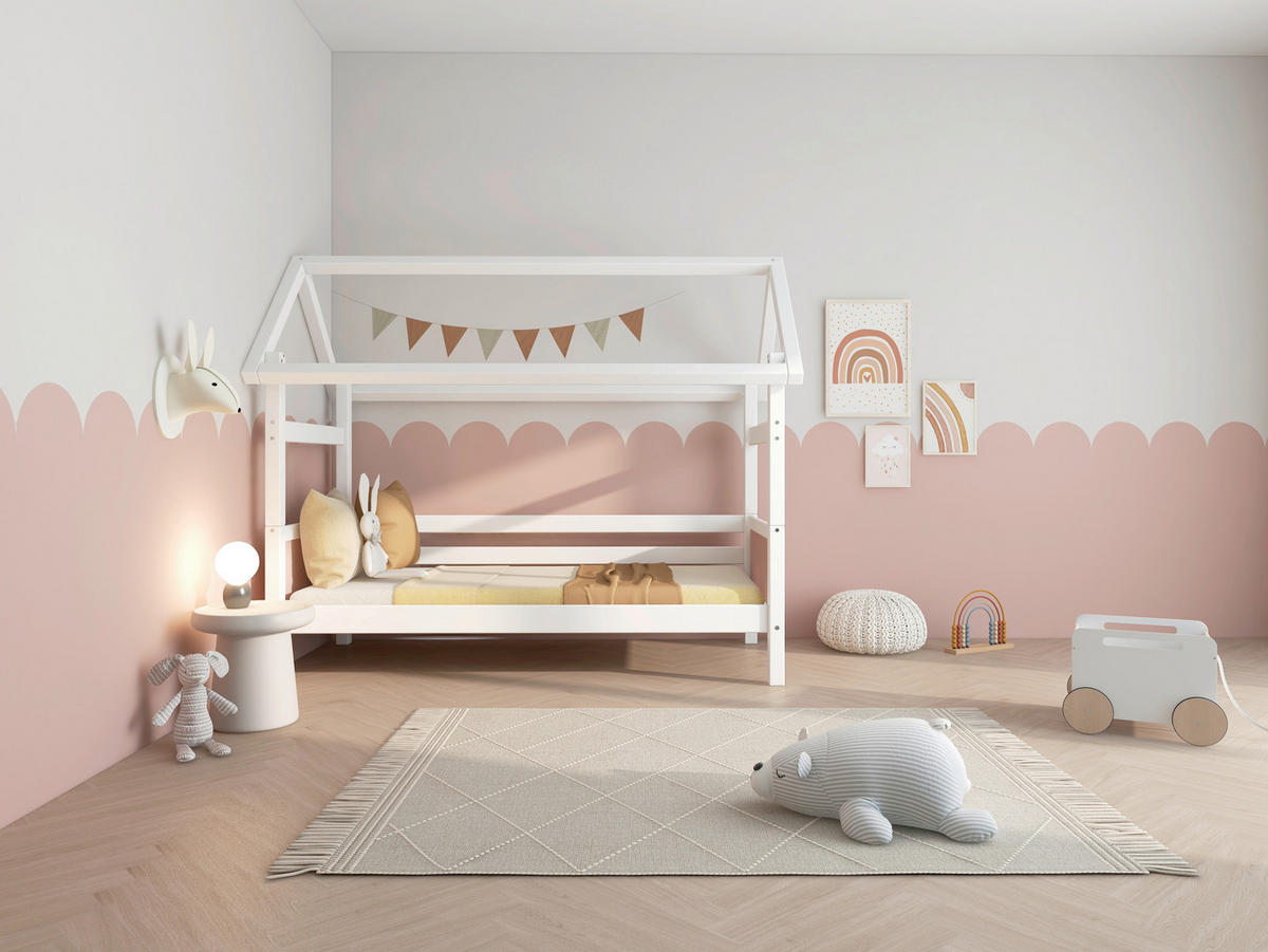 HAUSBETT 90/200 cm,  in Rosa, Weiß, Rollrost  - Rosa/Weiß, MODERN, Holz (90/200cm) - Chameo