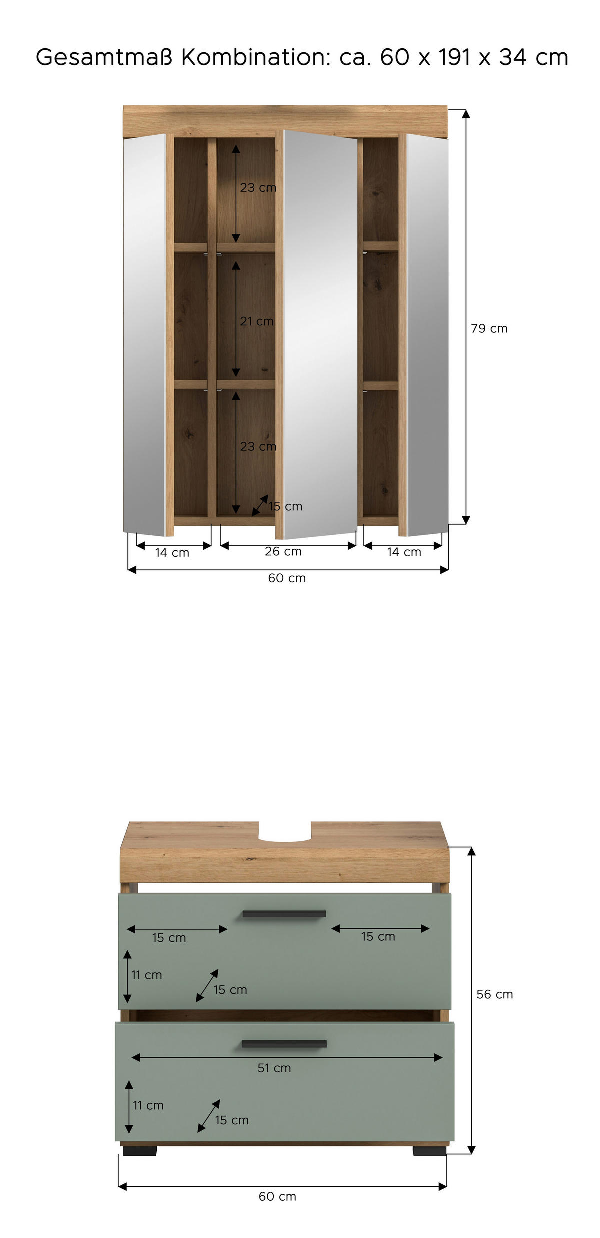 BADEZIMMER 2-teilig  in 60 cm  - vert sauge/noir, Modern, matière synthétique/verre (60cm) - MID.YOU