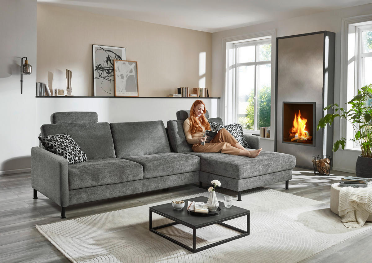 ECKSOFA in Chenille, Flachgewebe Dunkelgrau  - Dunkelgrau/Schwarz, Design, Textil/Metall (316/175cm) - Dieter Knoll