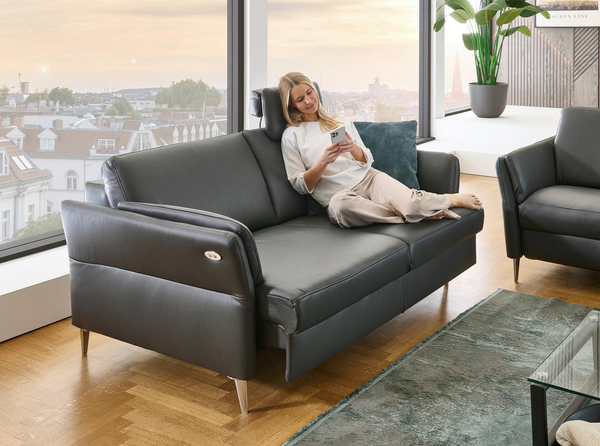 3-SITZER-SOFA Echtleder Anthrazit  - Anthrazit/Alufarben, Konventionell, Leder/Metall (190/84/99cm) - Dieter Knoll