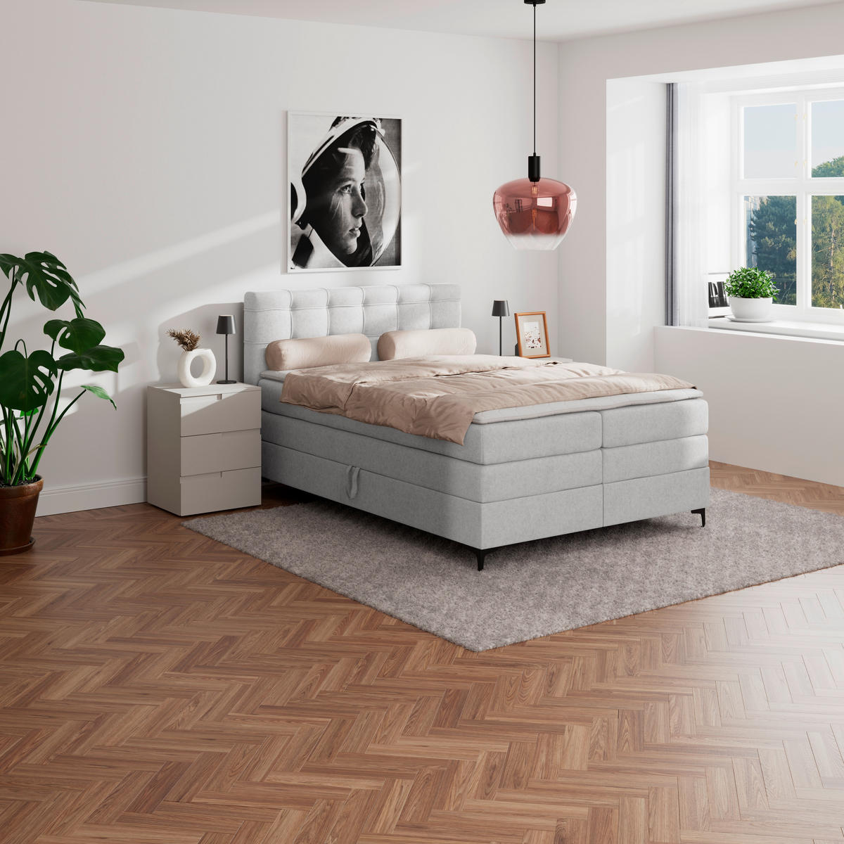 BOXSPRINGBETT 140/200 cm,  in Silberfarben, H3 = fest  - Silberfarben/Schwarz, KONVENTIONELL, Kunststoff/Textil (140/200cm)