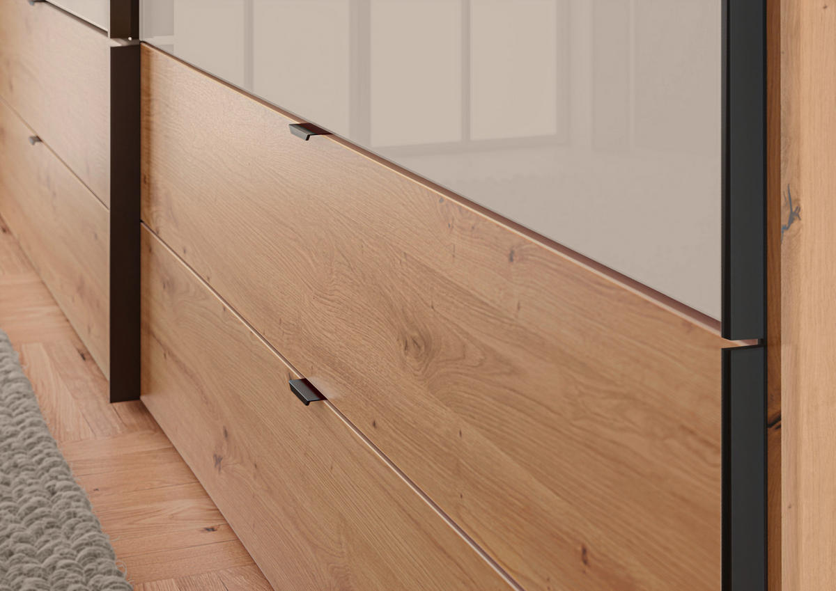 SCHWEBETÜRENSCHRANK 252/222/68 cm 2-türig Eiche Artisan, Elfenbein  - Elfenbein/Schwarz, Design, Glas/Holzwerkstoff (252/222/68cm) - Dieter Knoll