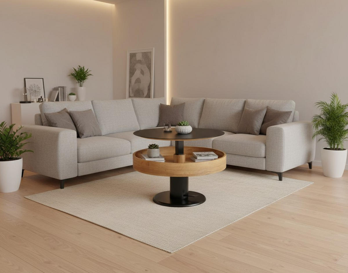 COUCHTISCH ESG 80/80/46 cm rund Schwarz, Eichefarben  - Eichefarben/Schwarz, Design, Glas/Holzwerkstoff (80/80/46cm) - MID.YOU