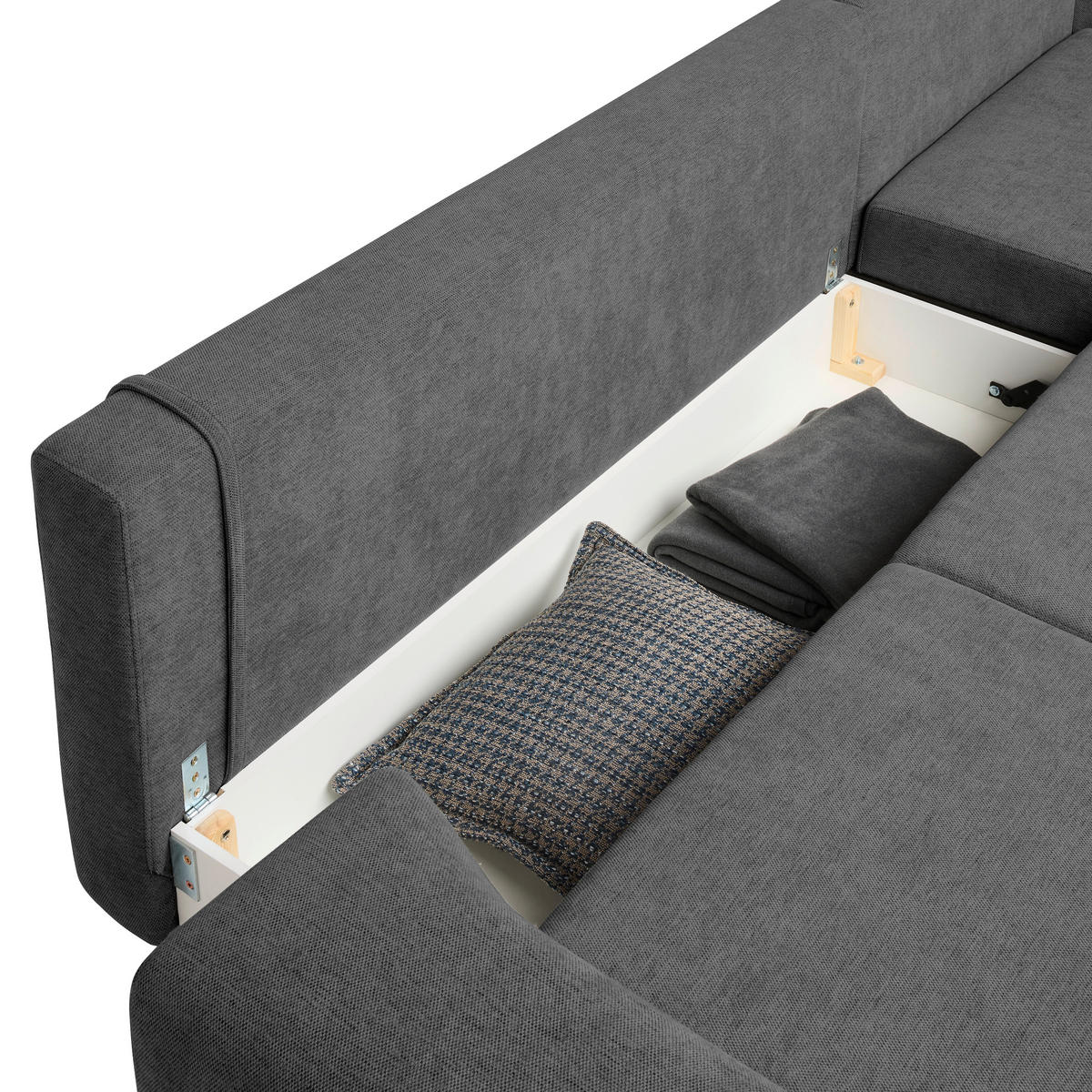 ECKSOFA inkl. Funktionen Grau Webstoff Rückenkissen, Bettkasten, Schlaffunktion, Rücken echt  - Wengefarben/Schwarz, Design, Holz/Textil (314/211cm) - Stylife