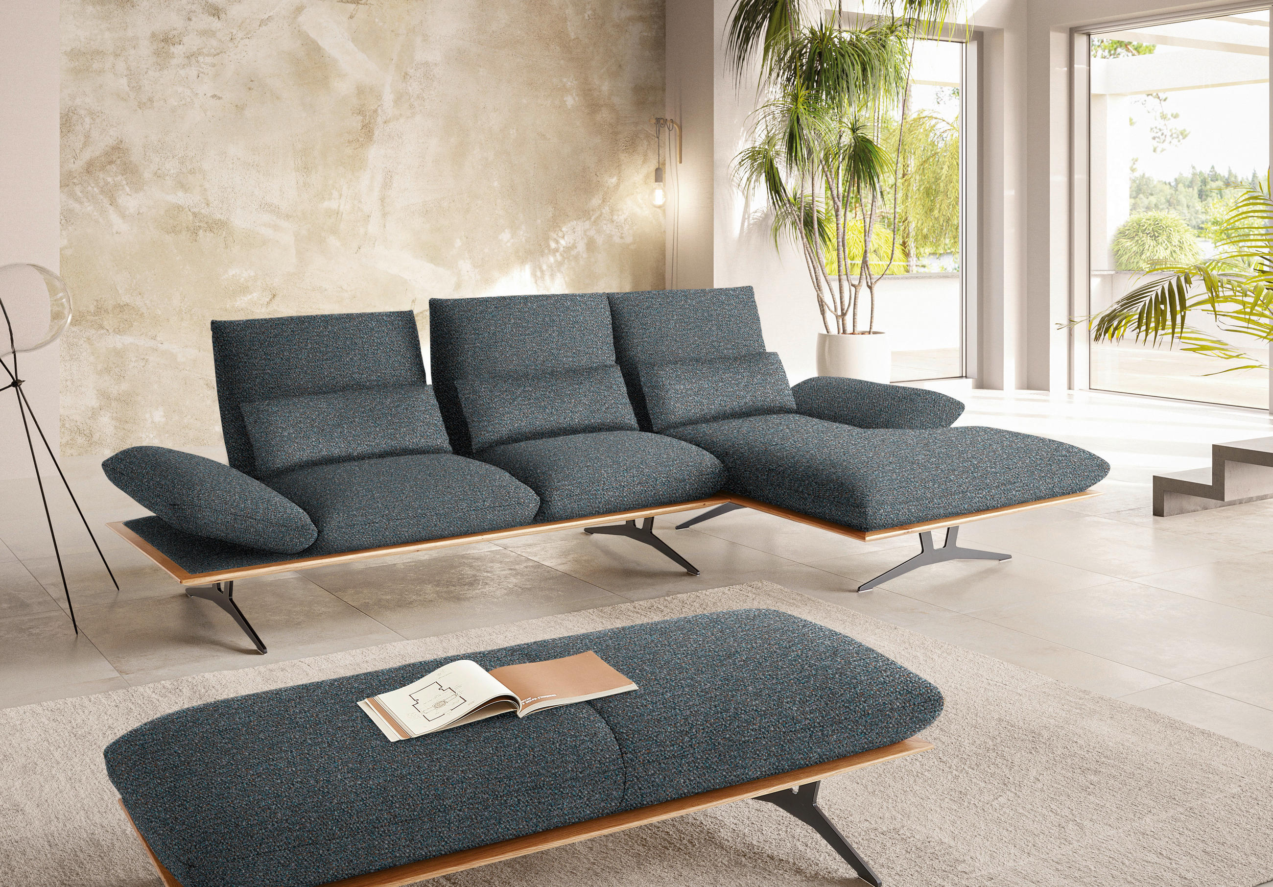 ECKSOFA in Flachgewebe Blaugrau  - Blaugrau/Schwarz, Design, Holz/Textil (314/159cm) - Dieter Knoll