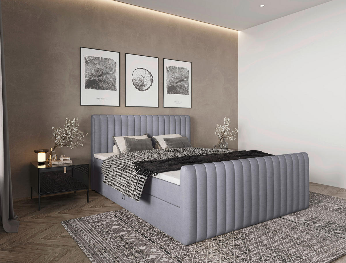 BOXBETT 160/200 cm,  in Silberfarben, gepolstertes Kopfteil, Bettkasten, Topper, Matratzen, H3 + H3 = fest  - Silberfarben/Schwarz, Basics, Kunststoff/Textil (160/200cm) - Chameo