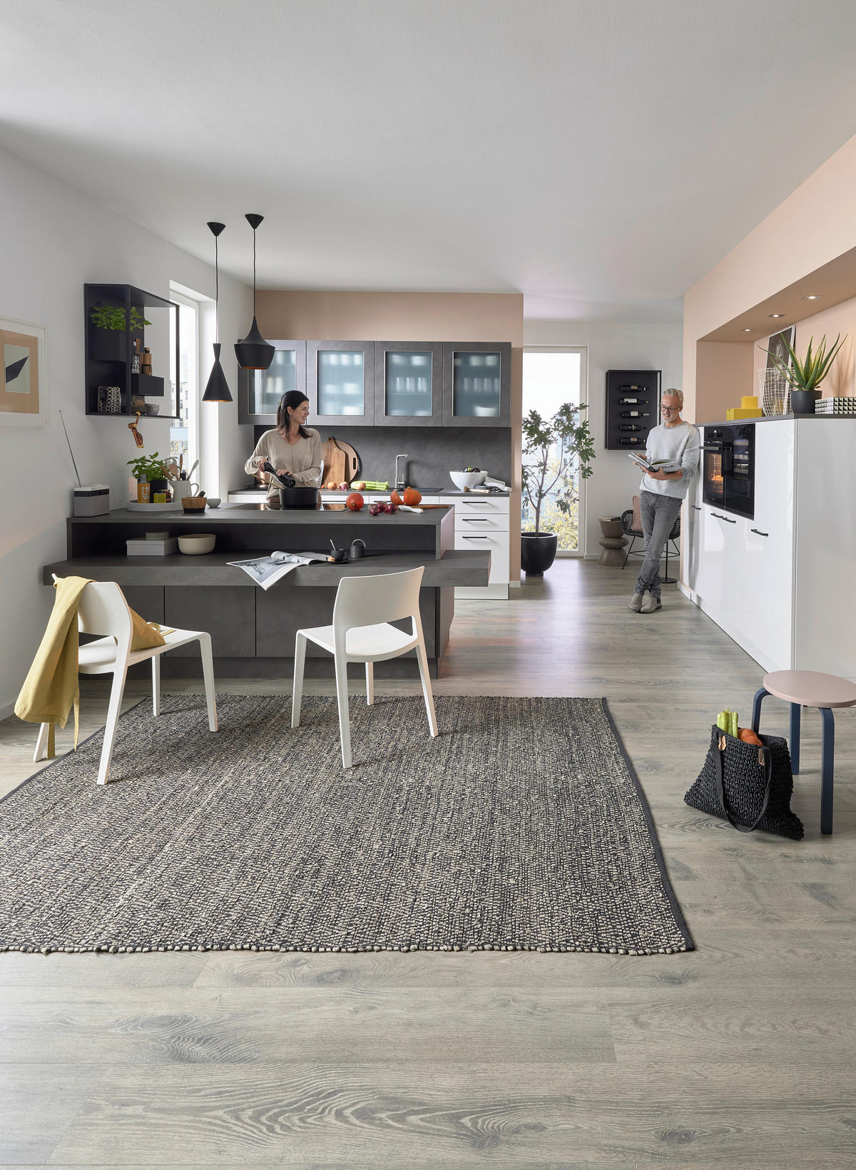 EINBAUKÜCHE DK411  - Weiß Hochglanz/Grau, Design, Holzwerkstoff - Dieter Knoll