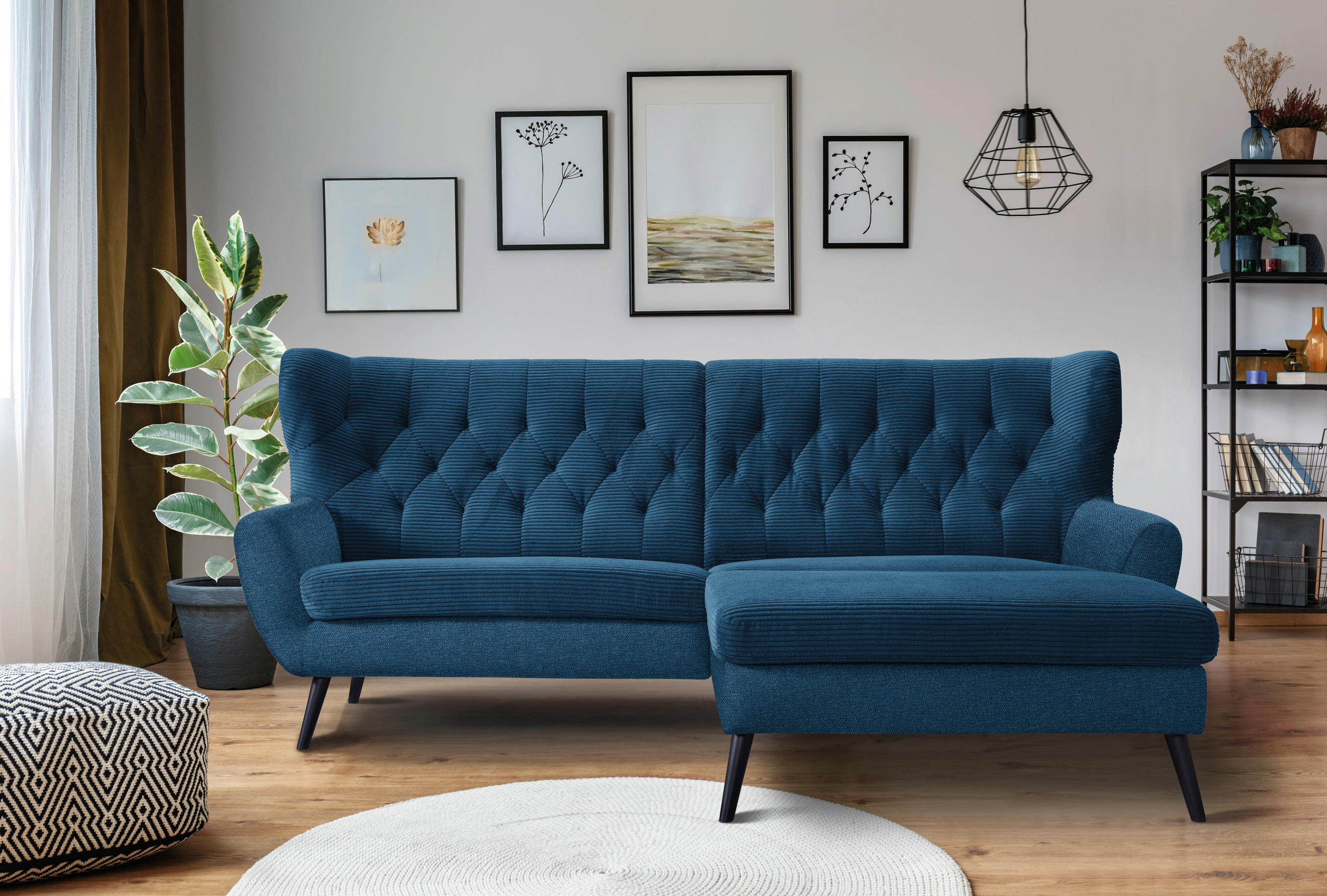 ECKSOFA in Cord Blau  - Blau/Schwarz, Design, Holz/Textil (237/165cm) - Stylife