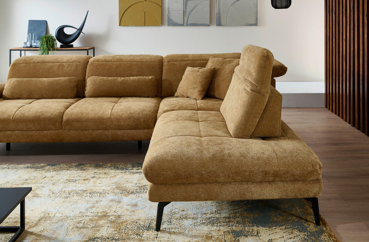 ECKSOFA Beldomo System Dunkelgelb Chenille Rücken echt, Kopfteilverstellung  - Dunkelgelb/Schwarz, Design, Textil/Metall (311/235cm) - Beldomo System