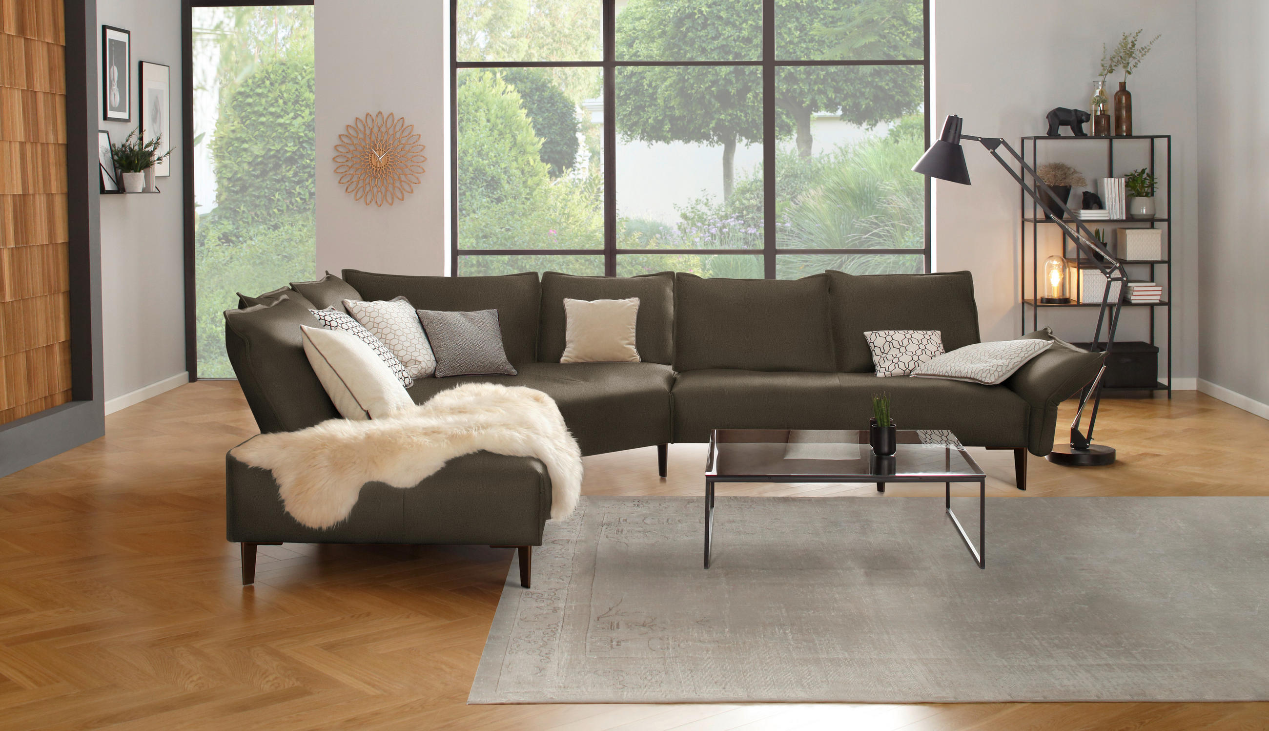 ECKSOFA in Echtleder Dunkelgrün  - Dunkelgrün/Schwarz, Design, Leder/Metall (272/340cm) - W.Schillig